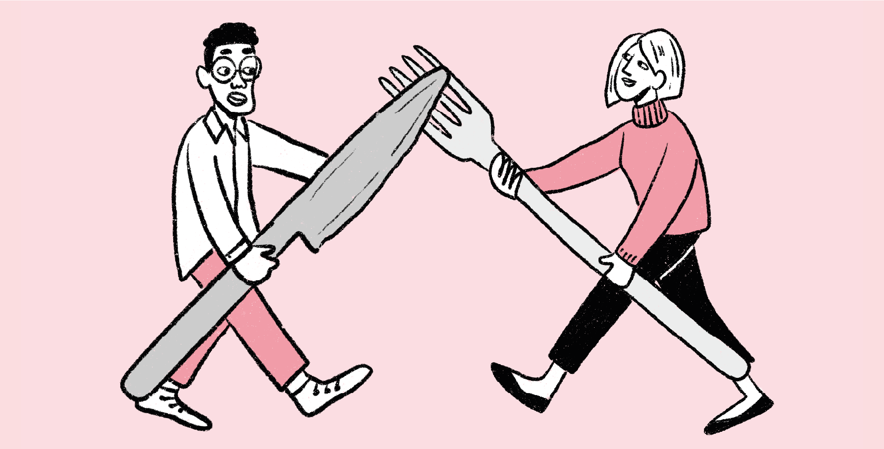 Man and woman holding big knife and fork