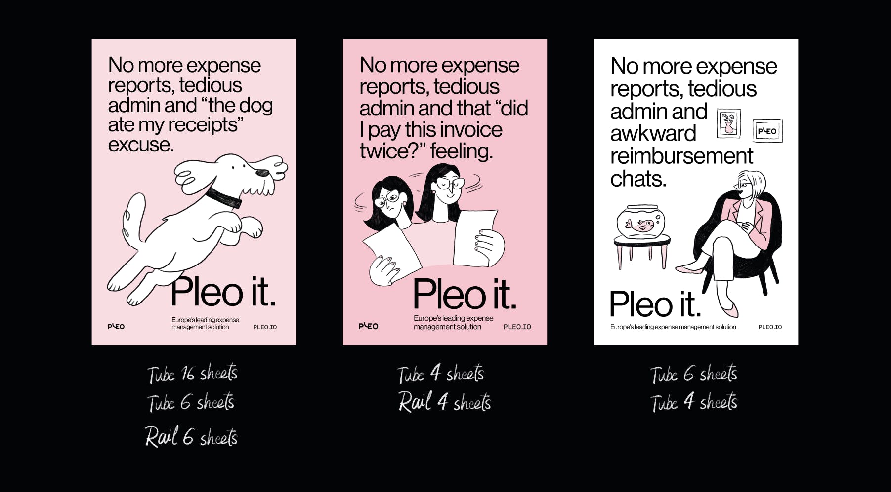 Three of Pleo's out-of-home campaign variations