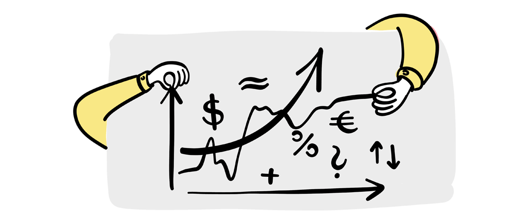 two hands pulling on graph with arrows and money signs