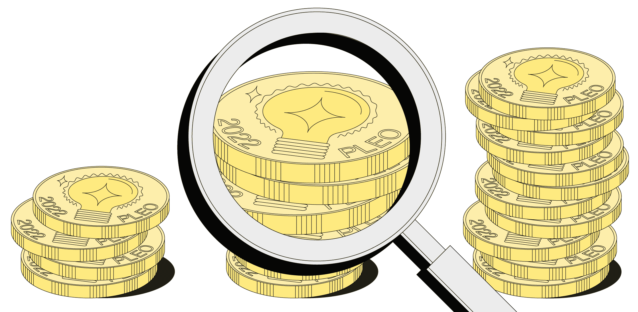 Magnifying glass over stacks of coins