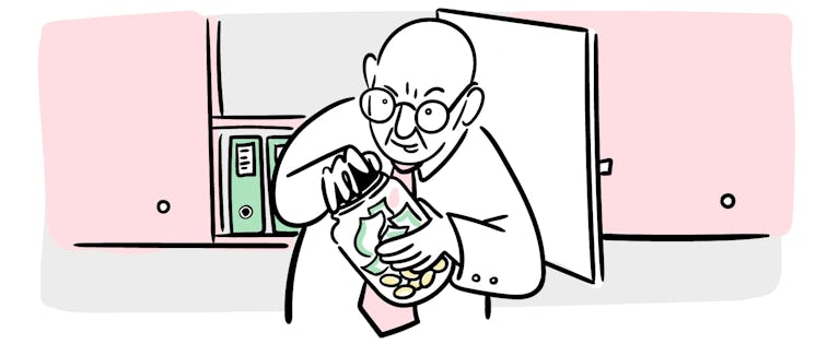 Bald man with glasses opening petty cash jar