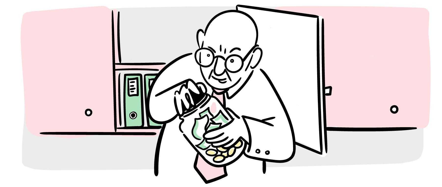 Bald man with glasses opening petty cash jar