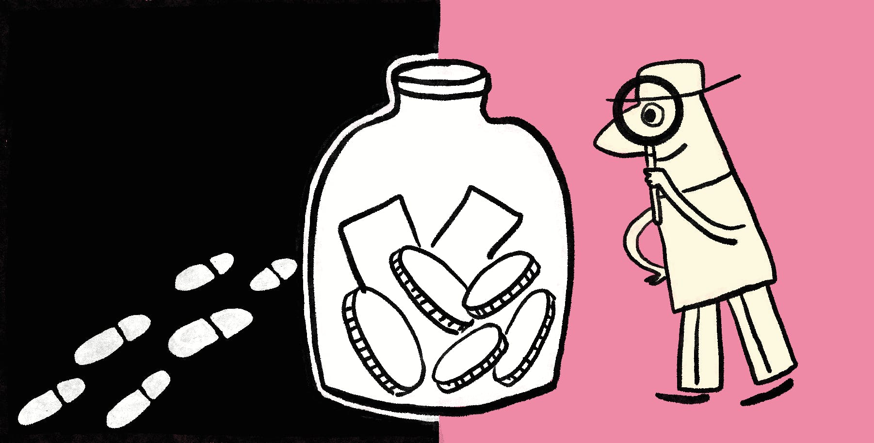 Cartoon taking a look inside a petty cash jar
