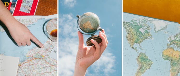 Hand pointing to a map & hand holding globe