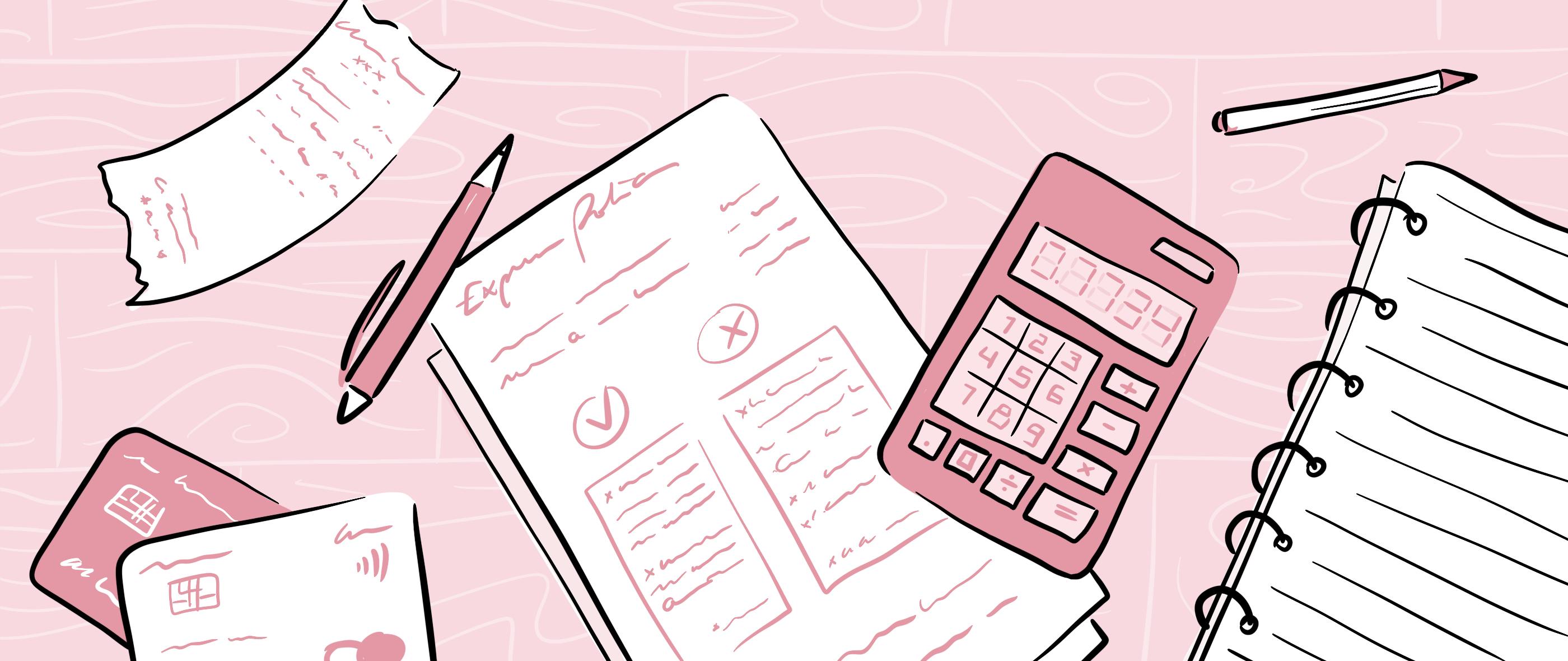 An illustration showing a to-do list, Pleo cards, a notepad, a calculator and receipts. 