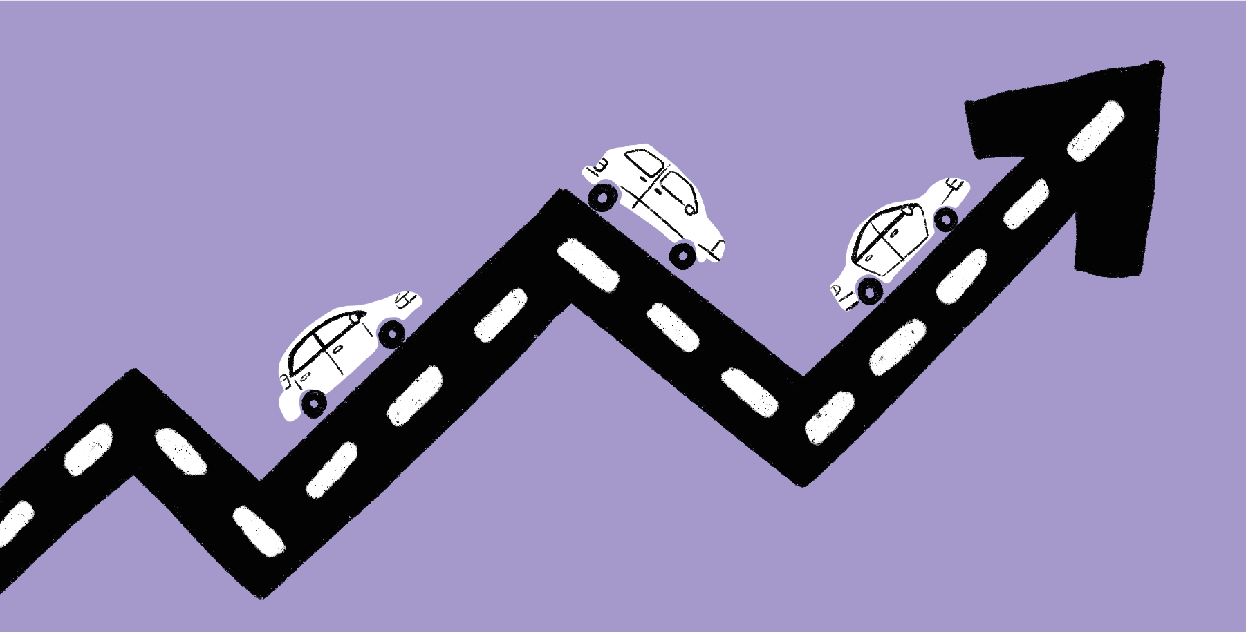 En väg formad som en uppåtpil med bilar som kör på den