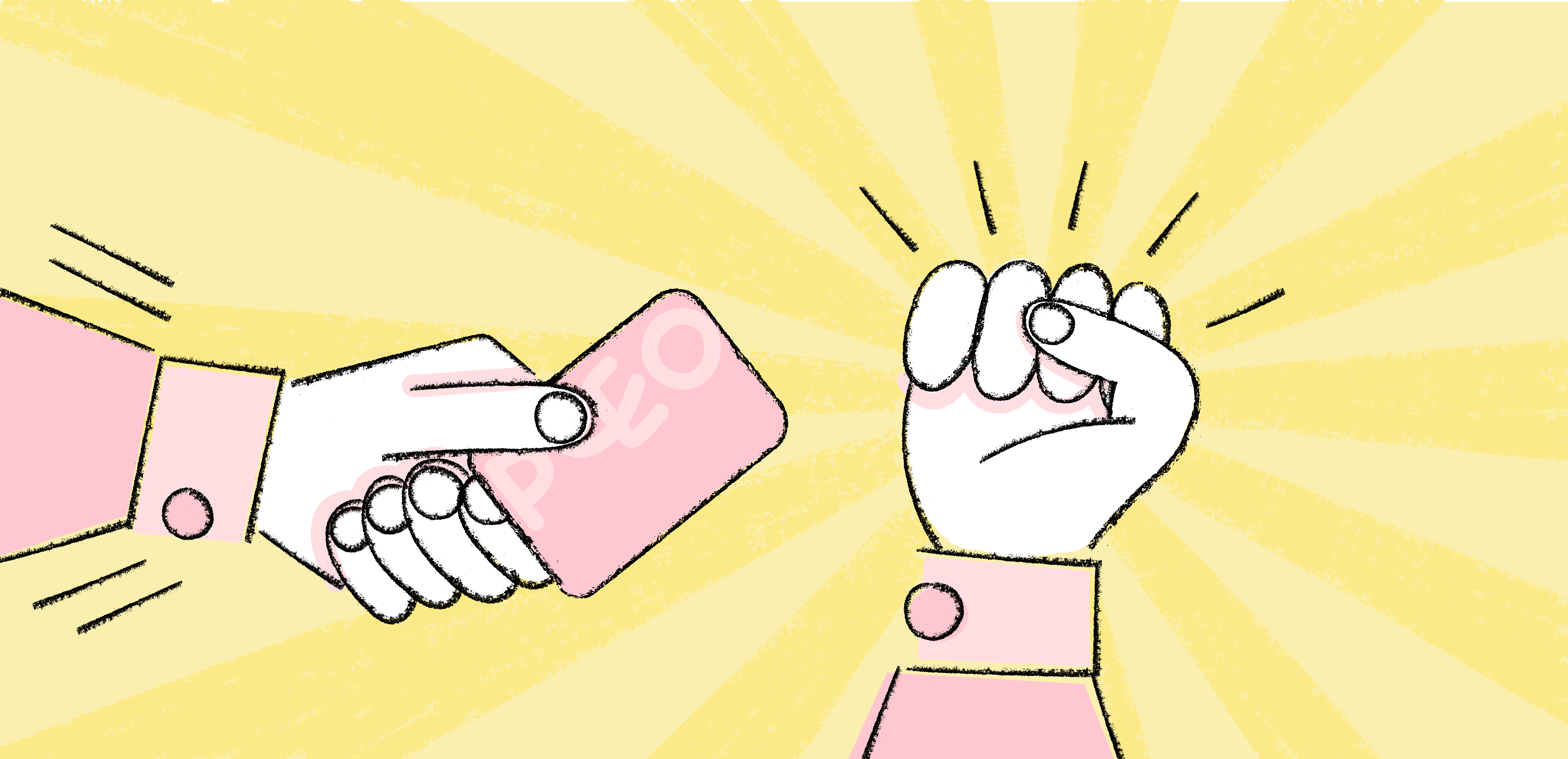 A an arm reaches in from the left-hand side to pass a Pleo card to another fist that is punching the air in jubilation