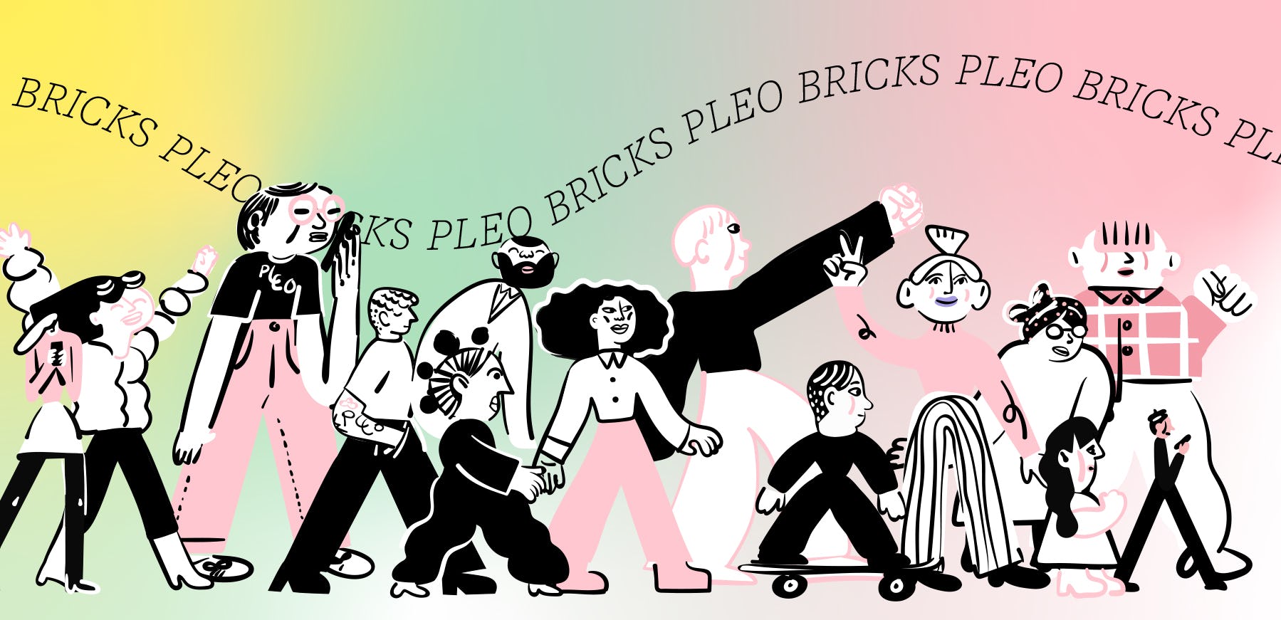 Medarbetare som marscherar under Pleo Bricks-banderoll