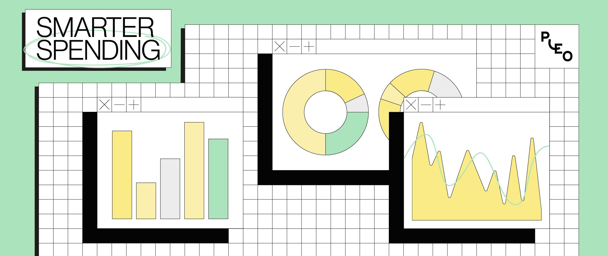 Bar graph, donut chart and area chart