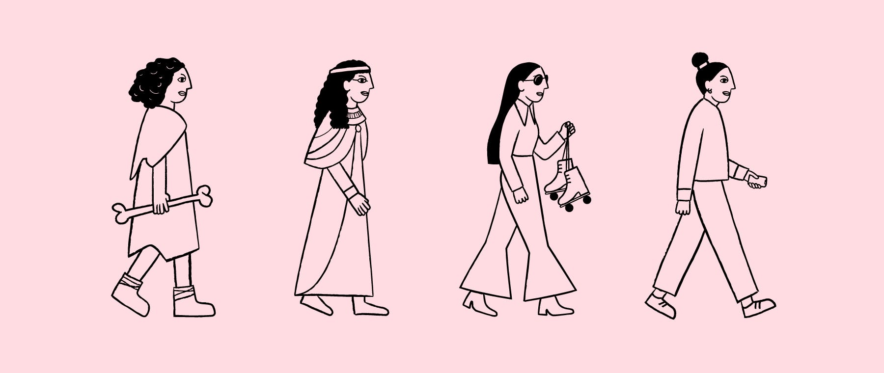 A cavewoman, ancient Egyptian, woman with roller skates and woman with mobile phone