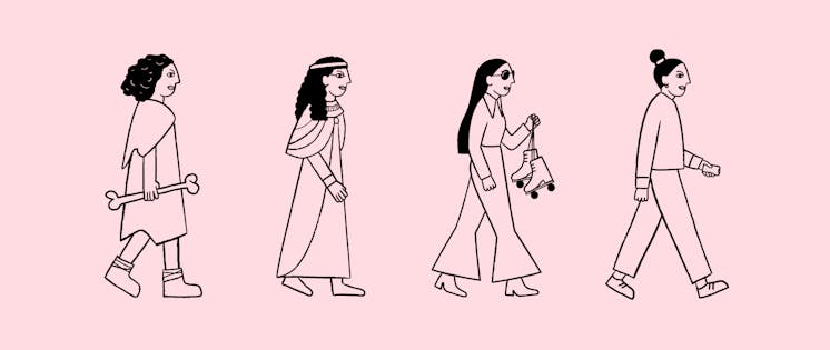A cavewoman, ancient Egyptian, woman with roller skates and woman with mobile phone