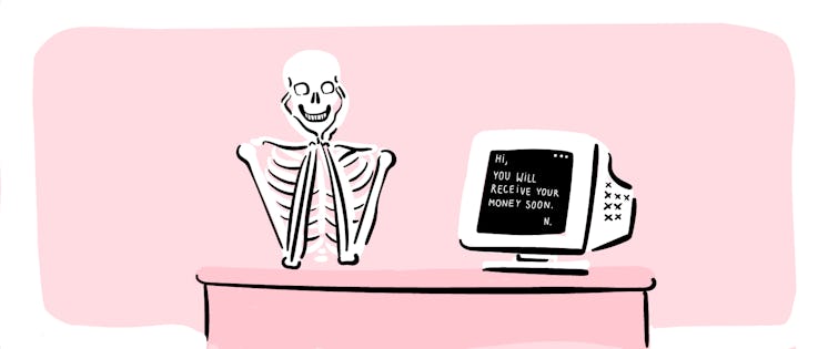 Skelett som väntar på pengar, framför dator