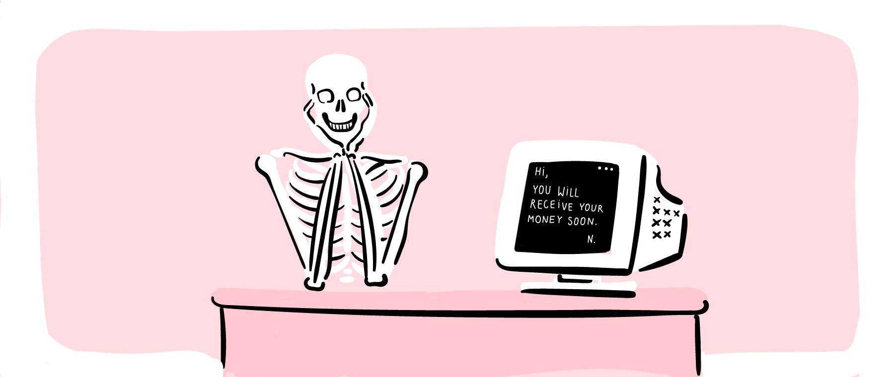 Skelett som väntar på pengar, framför dator