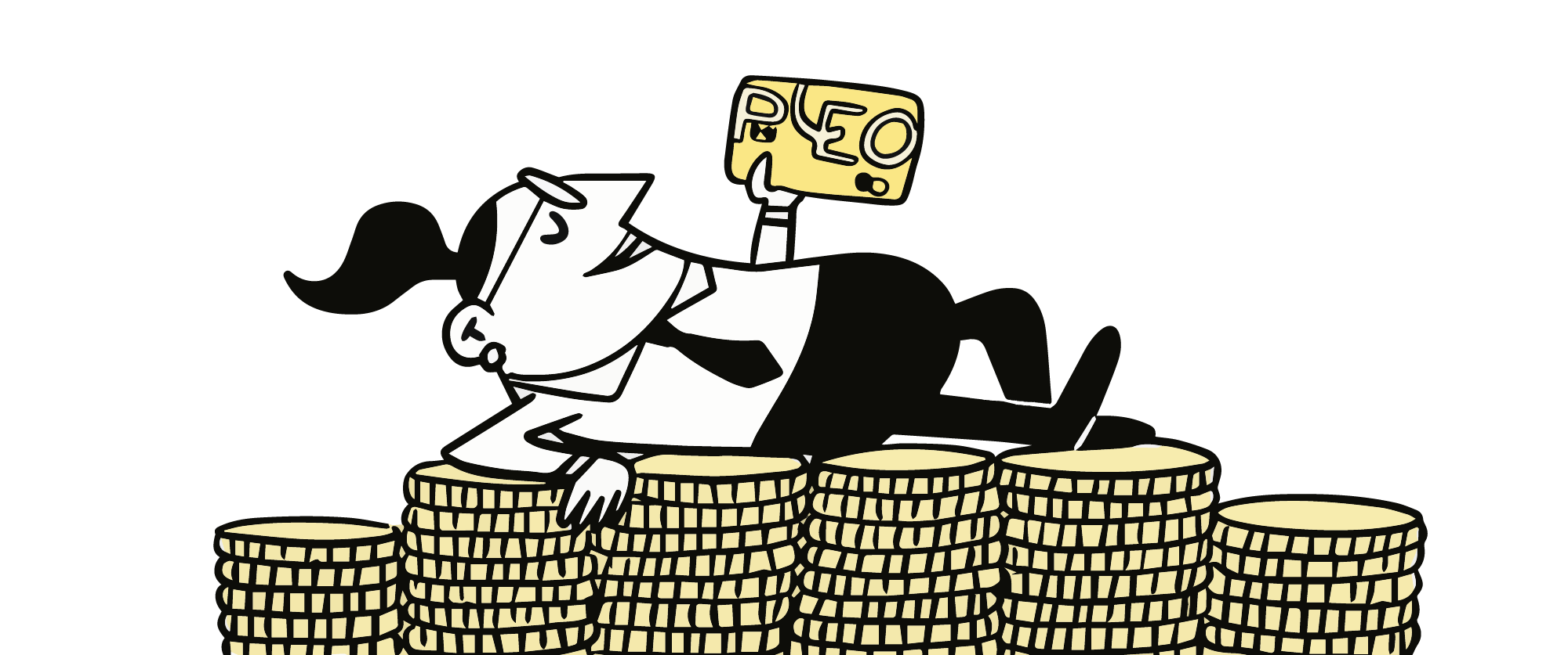 person lying on coins with a Pleo card in their hand