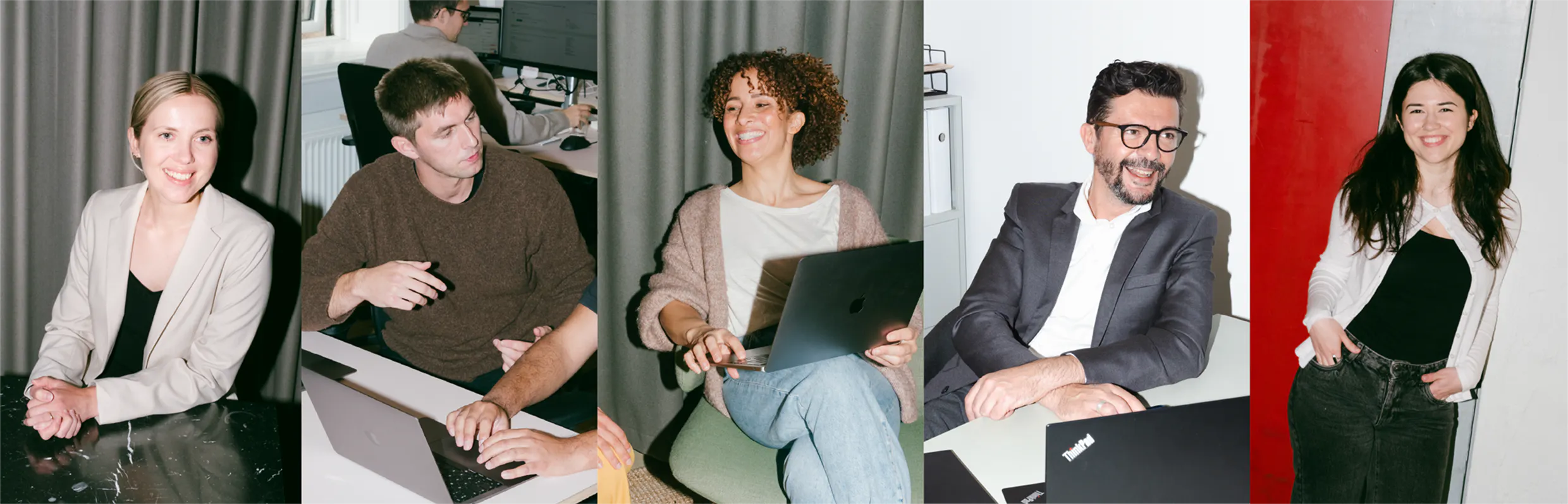 Collage of diverse team members working and smiling in an office.