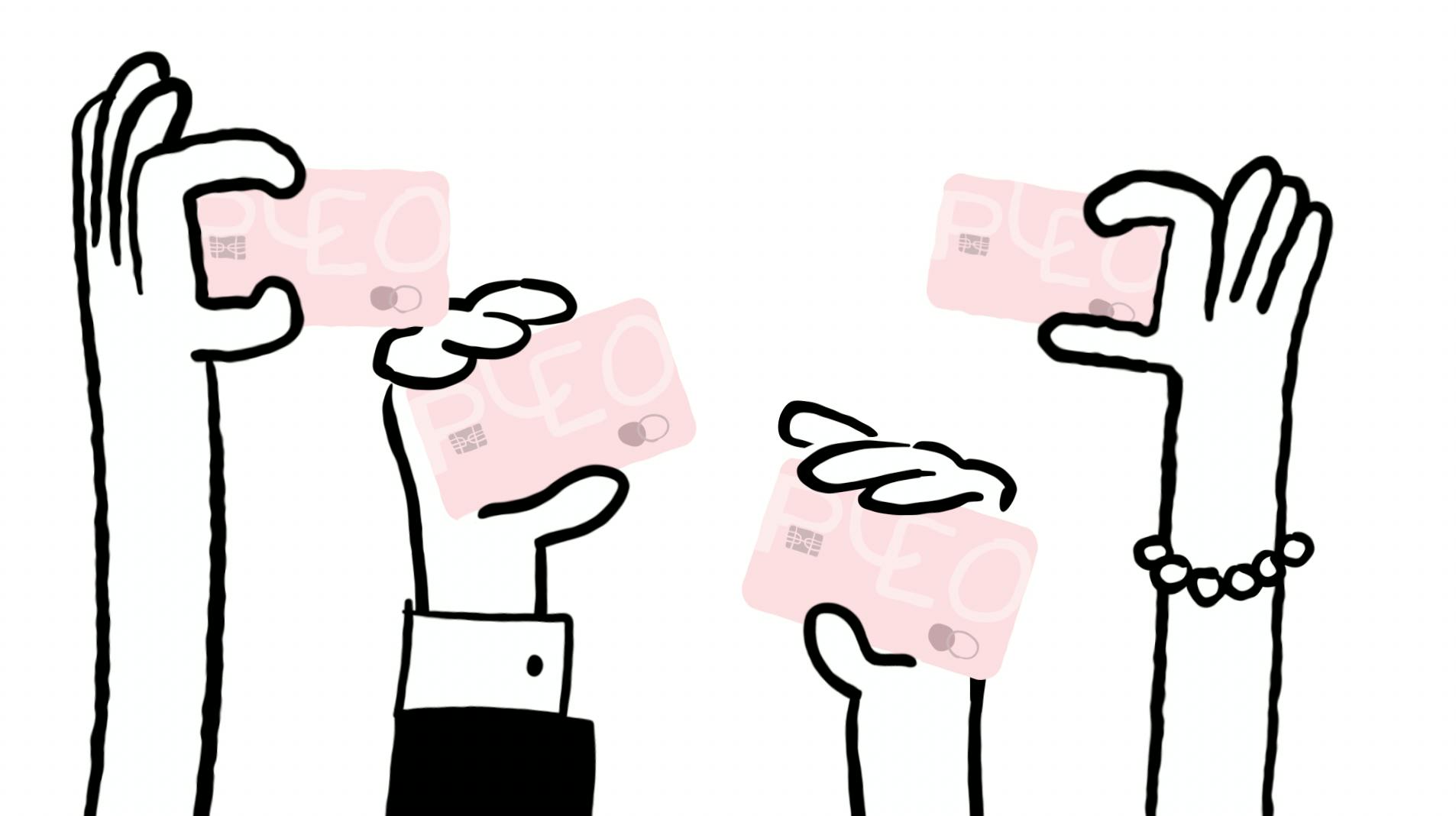 Cuatro personas con una tarjeta de empresa en la mano