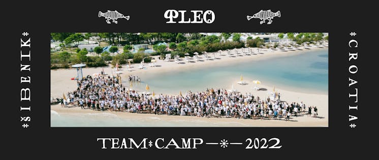 A photo captured by drone of 850 Pleo'ers on a beach in Croatia, the 2022 team camp destination