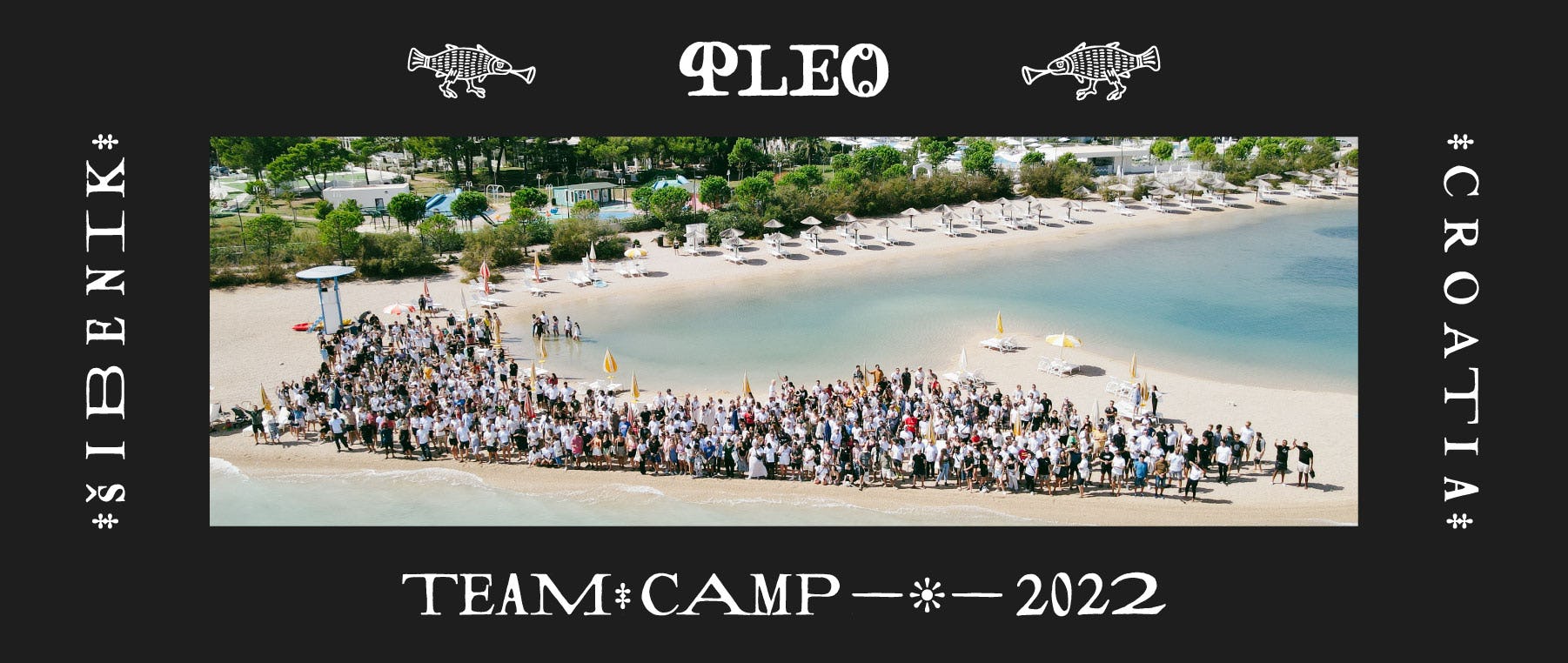 A photo captured by drone of 850 Pleo'ers on a beach in Croatia, the 2022 team camp destination