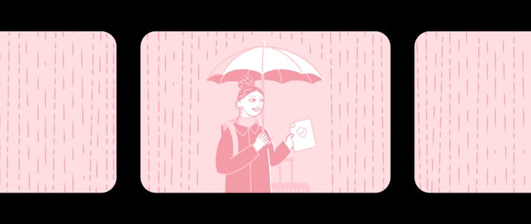 Woman standing in the rain with an umbrella and travel insurance document