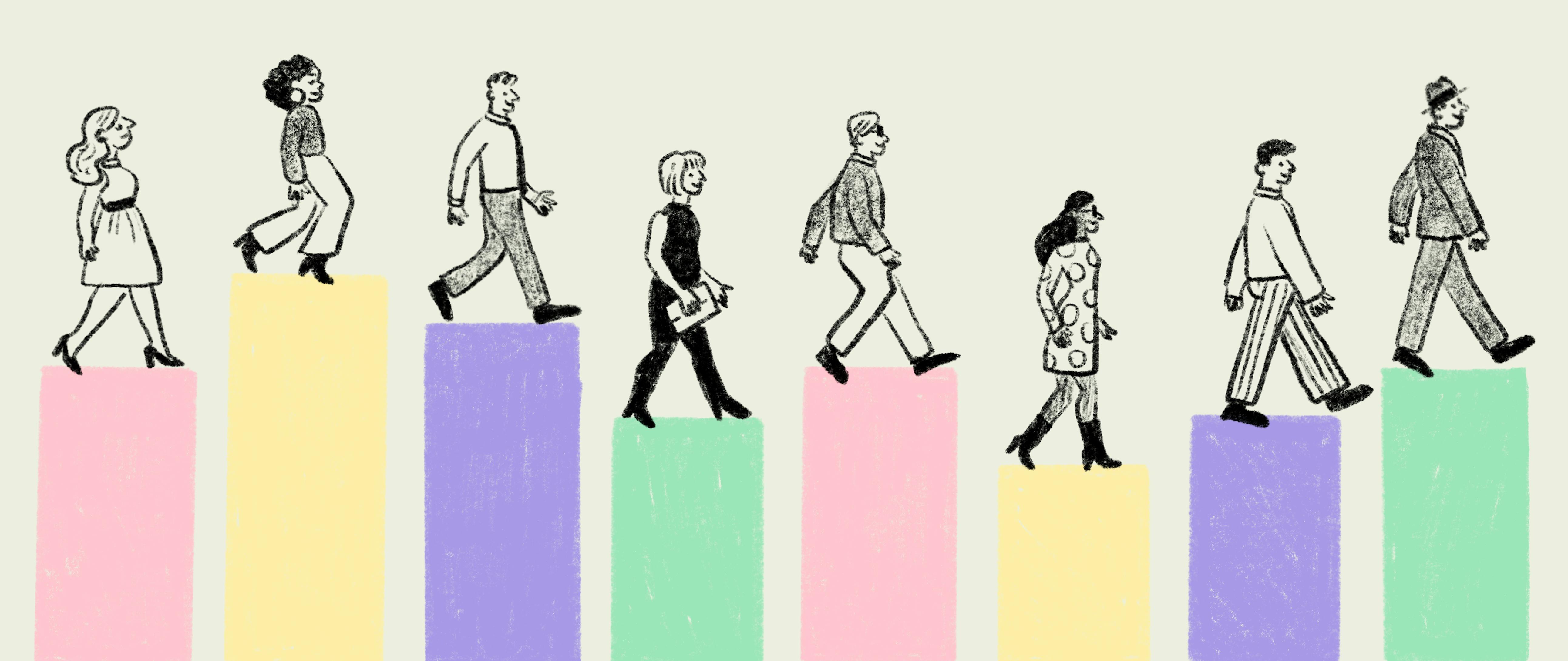 Mensen lopen op gekleurde staven