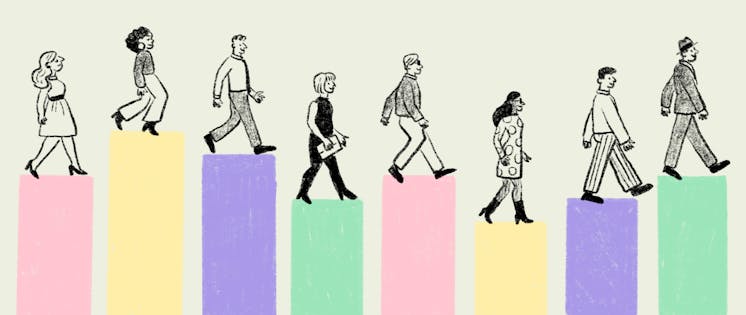 People walking on coloured blocks