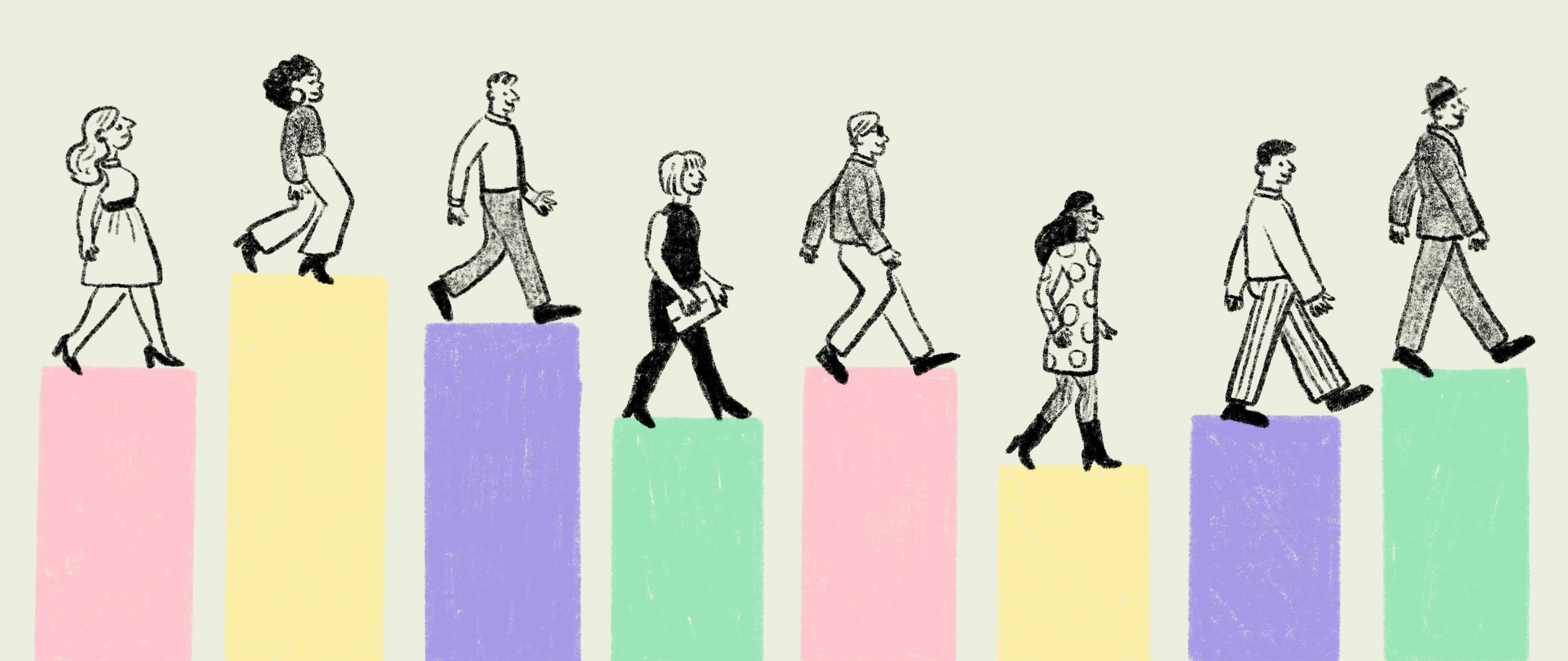 People walking on coloured blocks