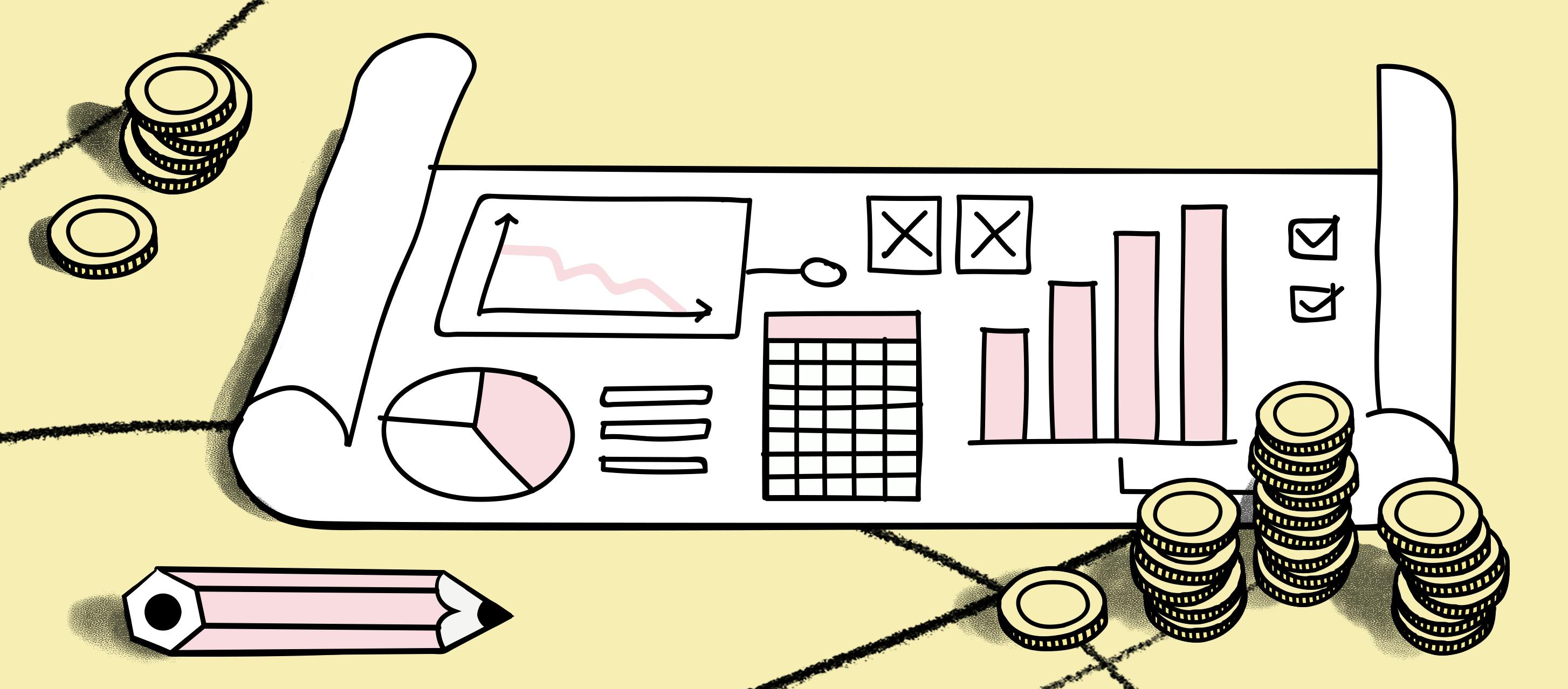 Financial planning on a sheet surrounded by coins