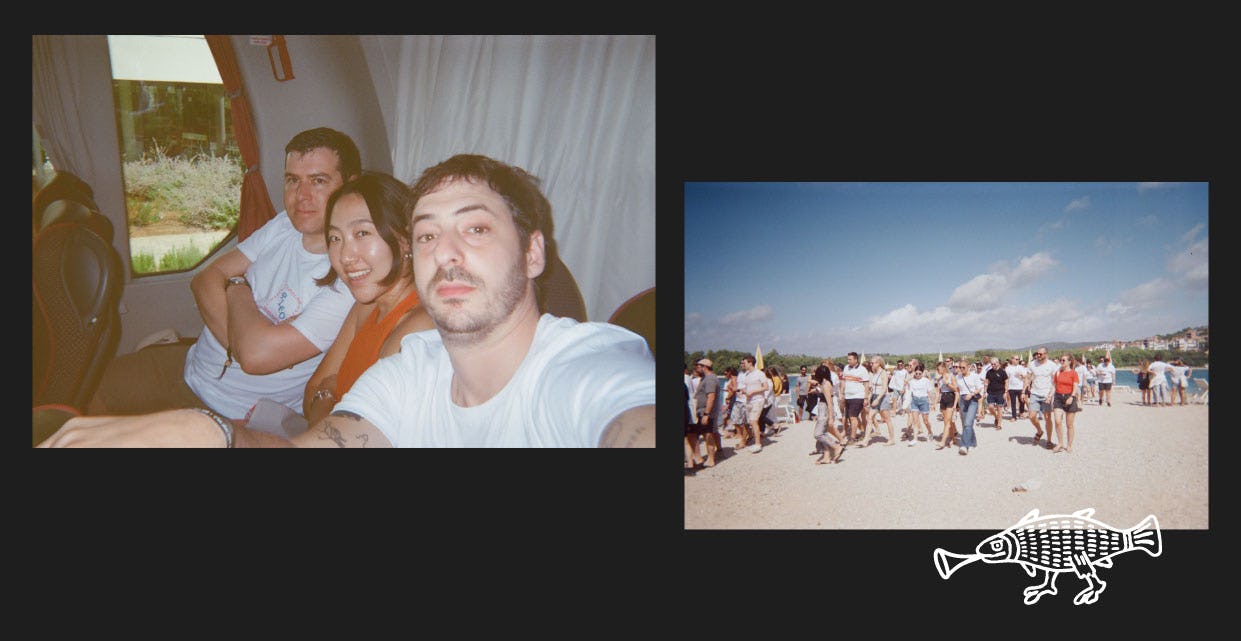 A split image with two photos. One shows three Pleo'ers in a bus on the way somewhere and the other shows a large group of Pleo'ers on the beach getting ready for the main company photo