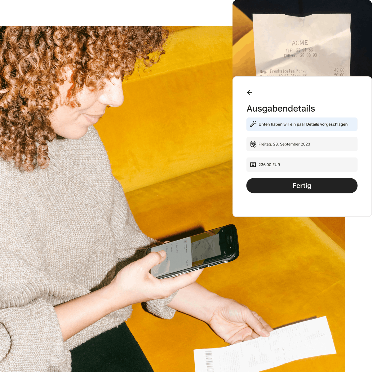 Bild einer Person, die einen Spesenbeleg mit der Pleo-App scannt