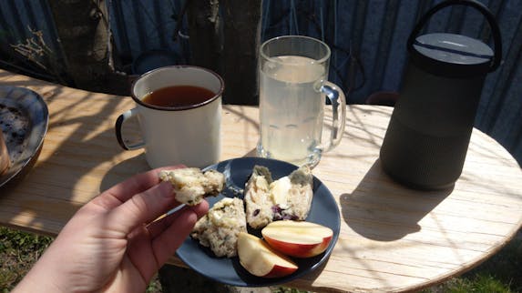 a plant based meal enjoyed in nature, an apple and scone with a large mug of tea and a glass of water.