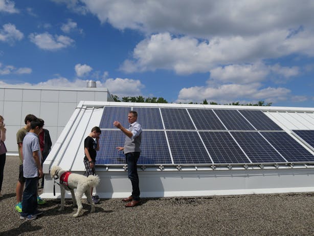 A group of students on a roof learning about solar pannels. There is a white dog wearing a red harness and an adult explaining the solar pannels to the students.