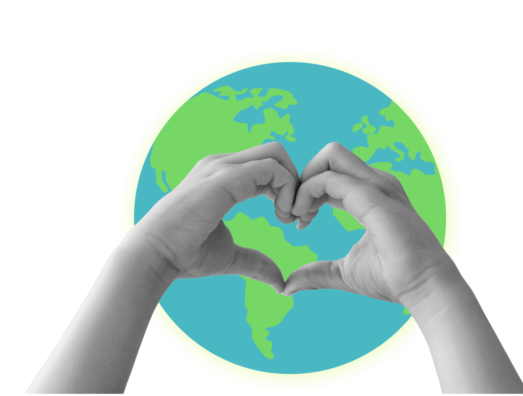 Two hands shown in black and white, making a heart shape in front of a blue and green image of planet earth