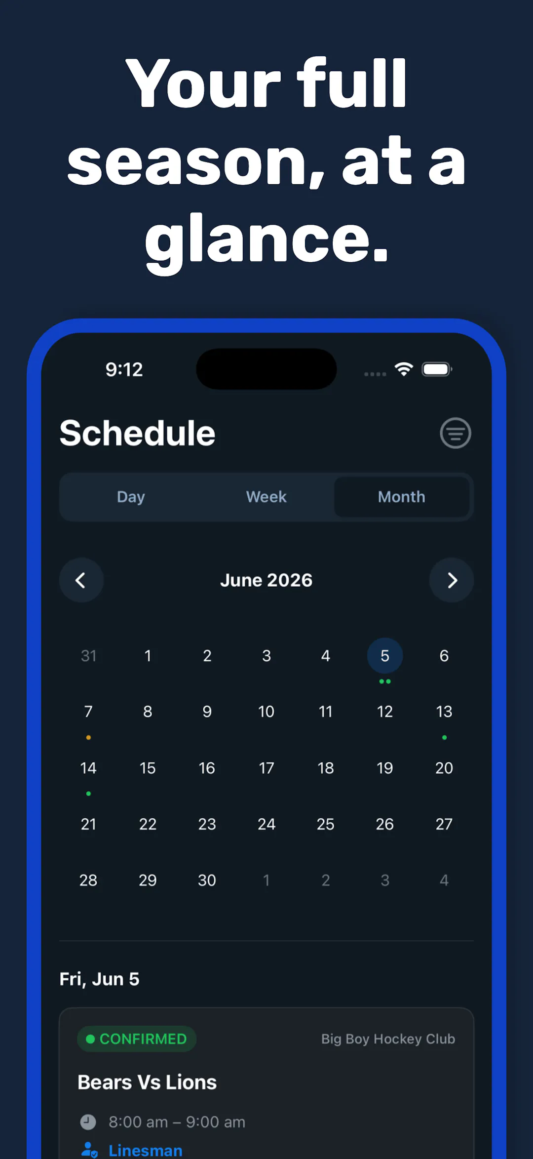 WhistleWorks app — season schedule