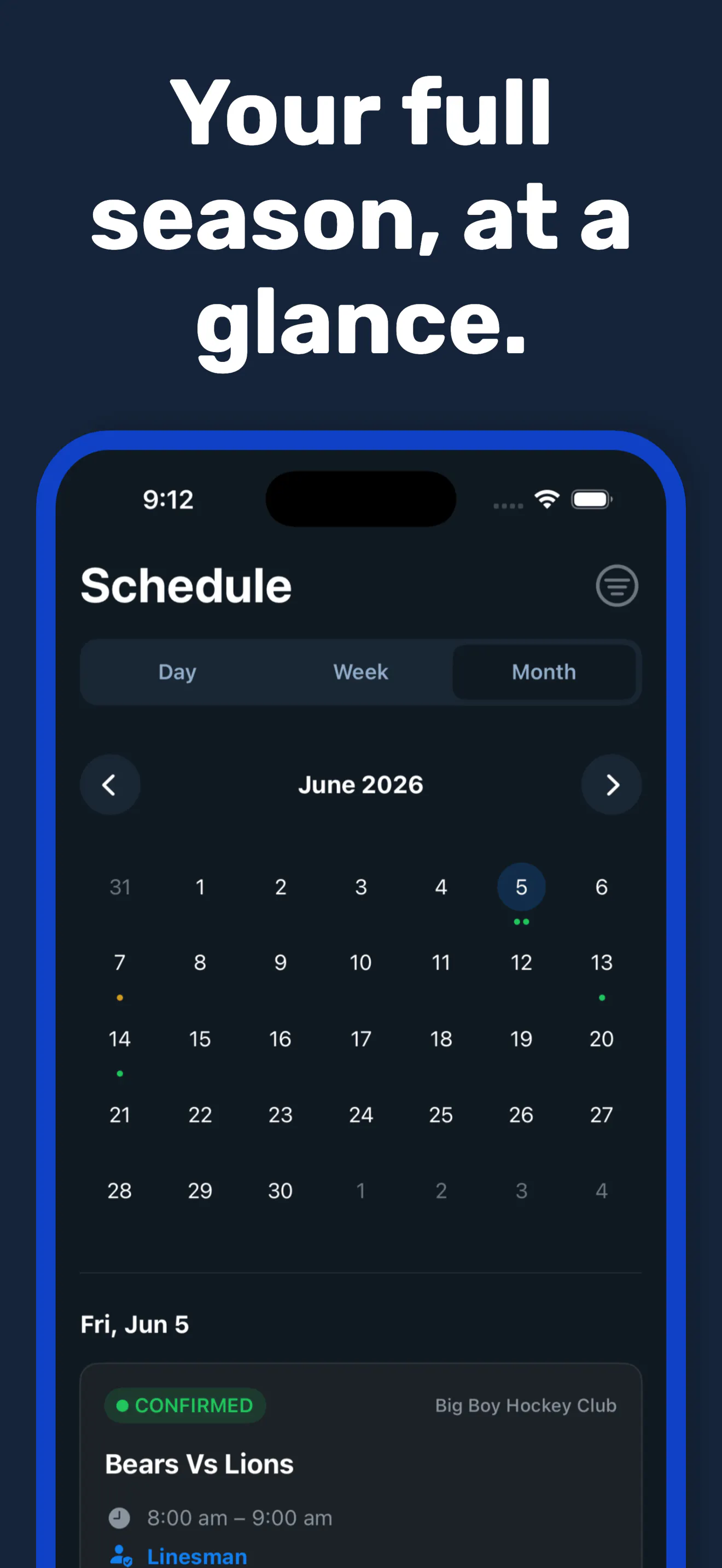 WhistleWorks app — season schedule