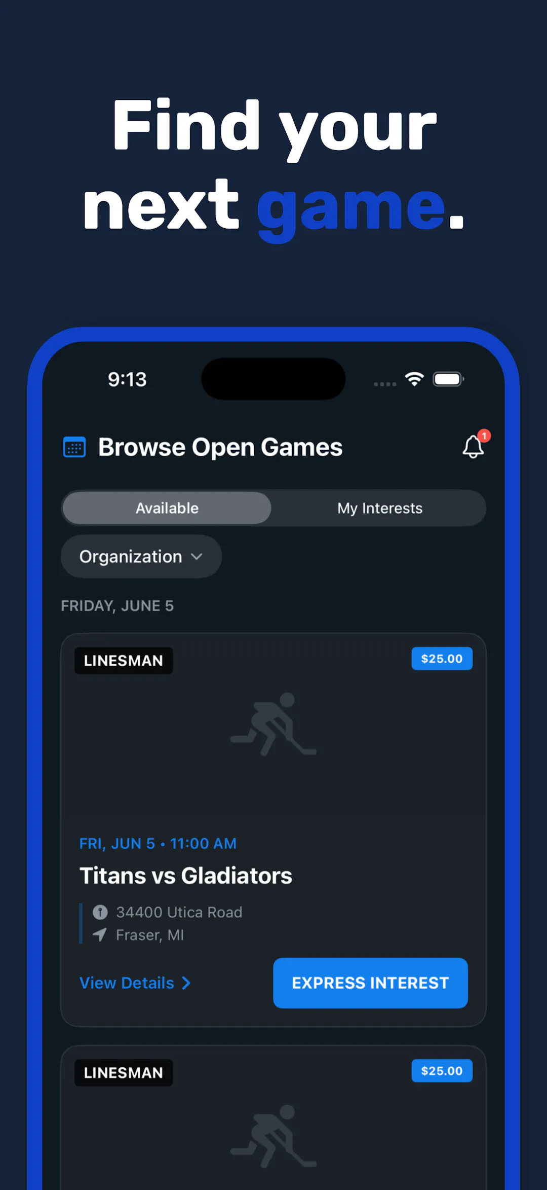 WhistleWorks app — browse open games