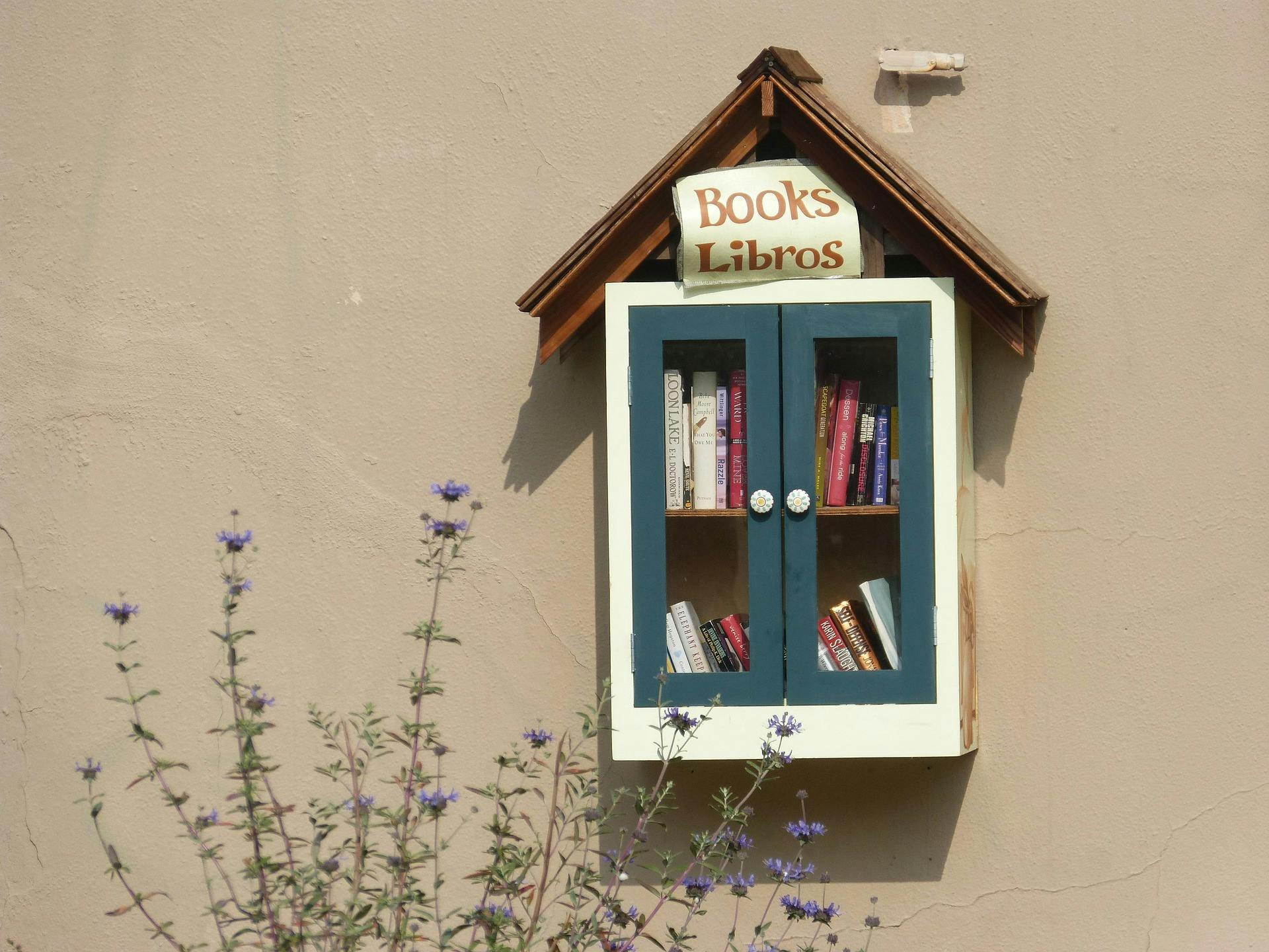 A Little Free Library hanging on a wall with flowers in the foreground.