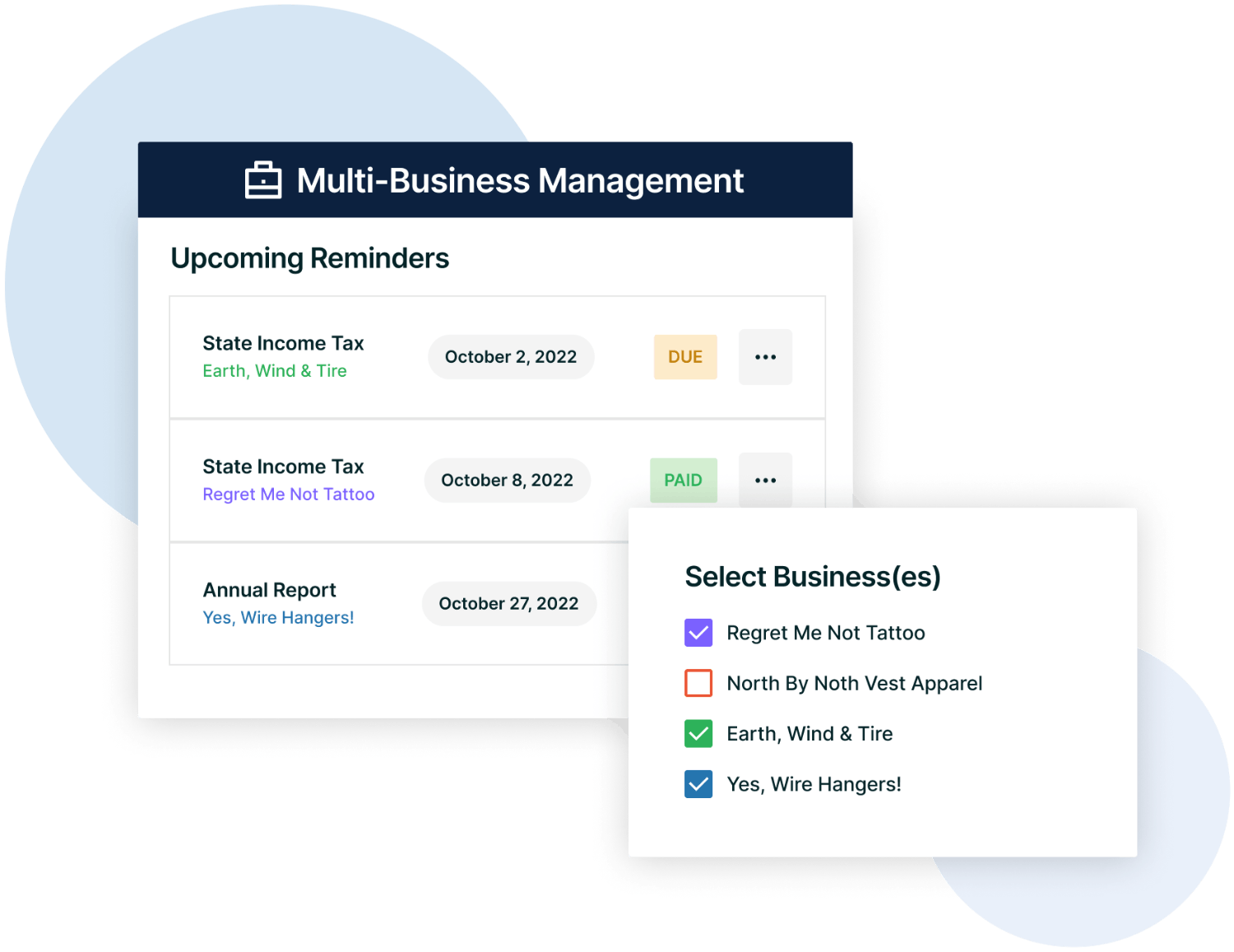 Image examples of windows a user can utilize when managing more than one business in ComplYant, a small business tax app