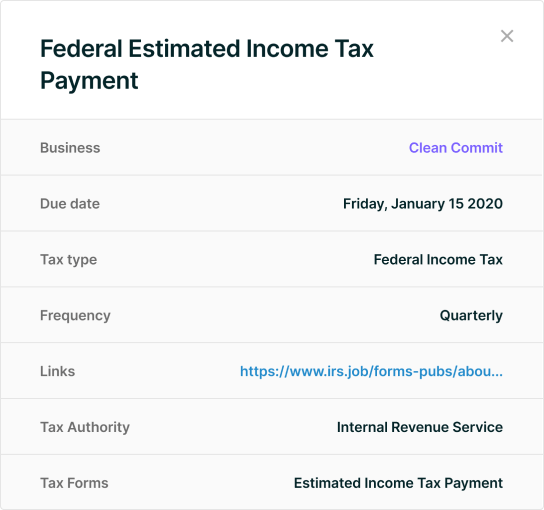 An example pop up window that breaks down the details of Federal Estimated Income Tax Payment for a Small business in ComplYant, a web-based tool used to manage small business taxes. 