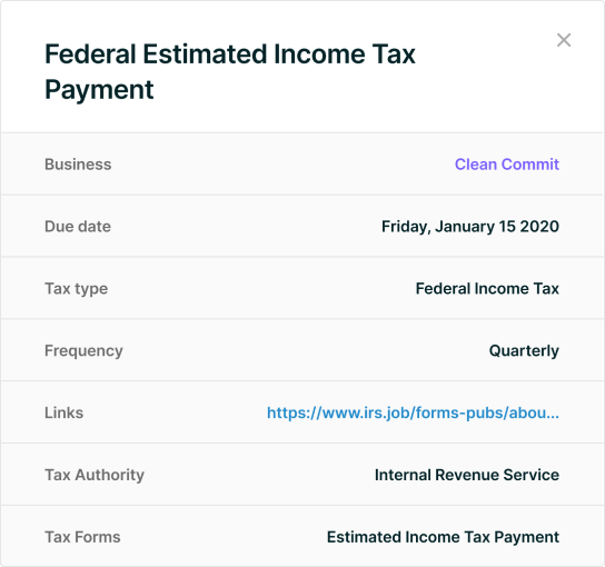 An example pop up window that breaks down the details of Federal Estimated Income Tax Payment for a Small business in ComplYant, a web-based tool used to manage small business taxes.