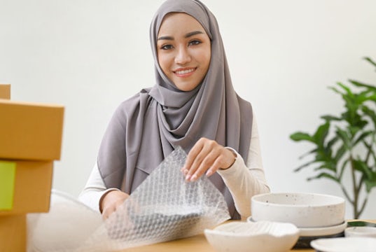 Woman packages bowls she's painted and sold online to be shipped to customers