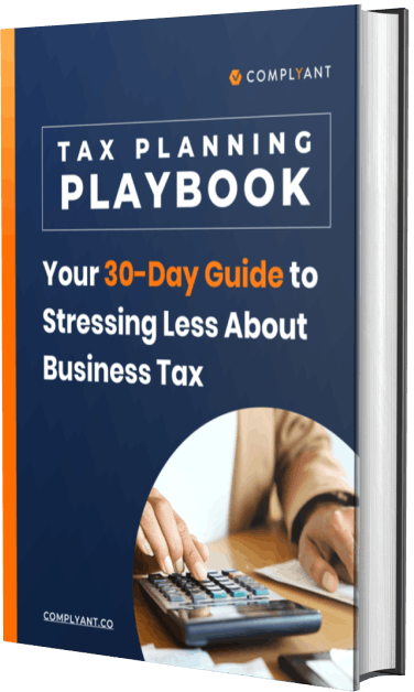 Image of a book representing a downloadable PDF called "Tax Planning Playbook: Your 30-Day Guide to Stressing Less About Business Tax"