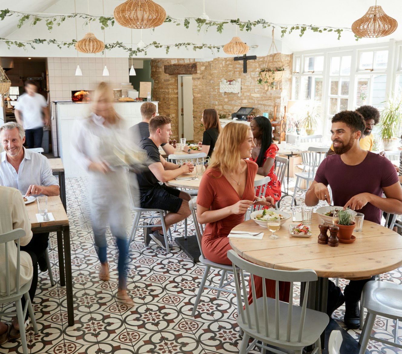 A busy cafe with people dining