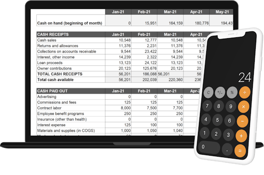 An image of a bookkeeping spreadsheet on a laptop with a phone next to it that has a calculator app displayed. 