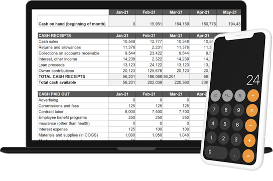 An image of a bookkeeping spreadsheet on a laptop with a phone next to it that has a calculator app displayed.