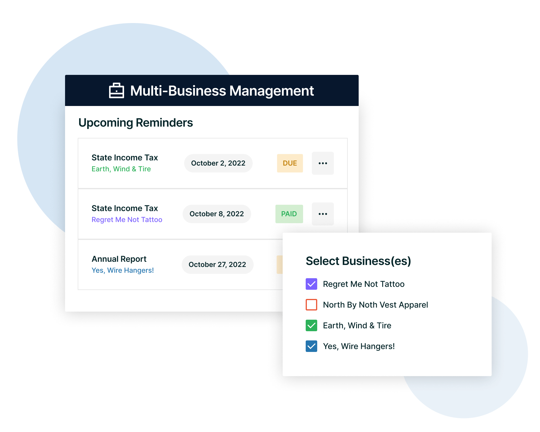 Image showing detail windows for managing multiple businesses in ComplYant, a small business tax app 