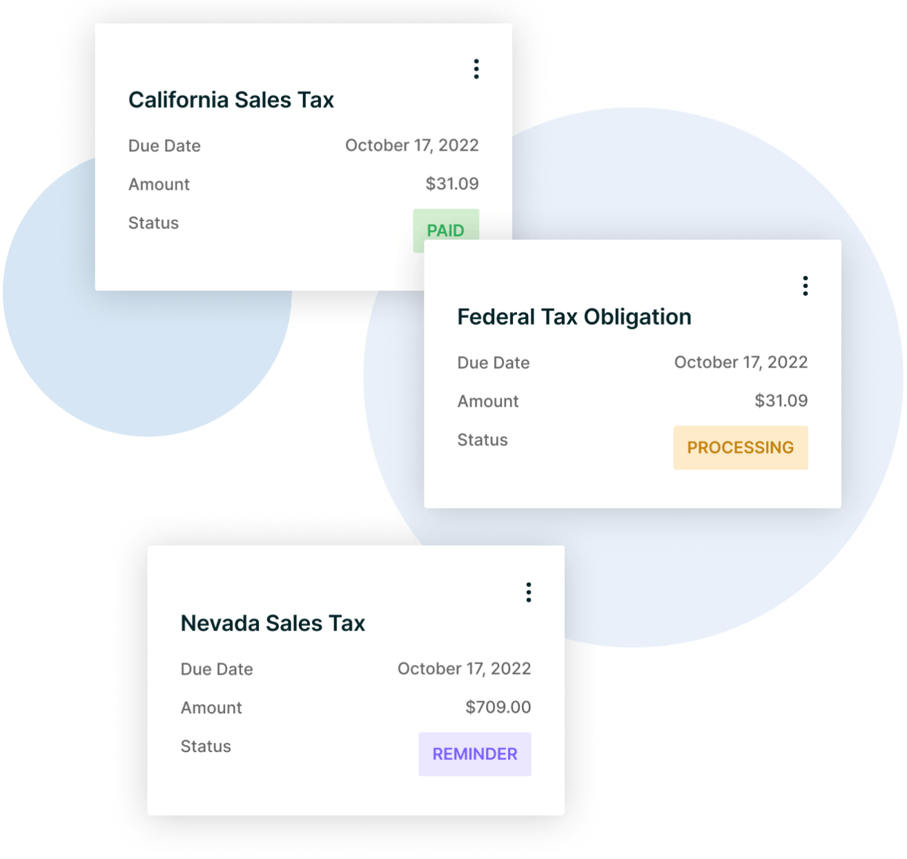 Image examples of California Sales Tax, Federal Tax, and Nevada Sales Tax detail windows in ComplYant, a small business tax app
