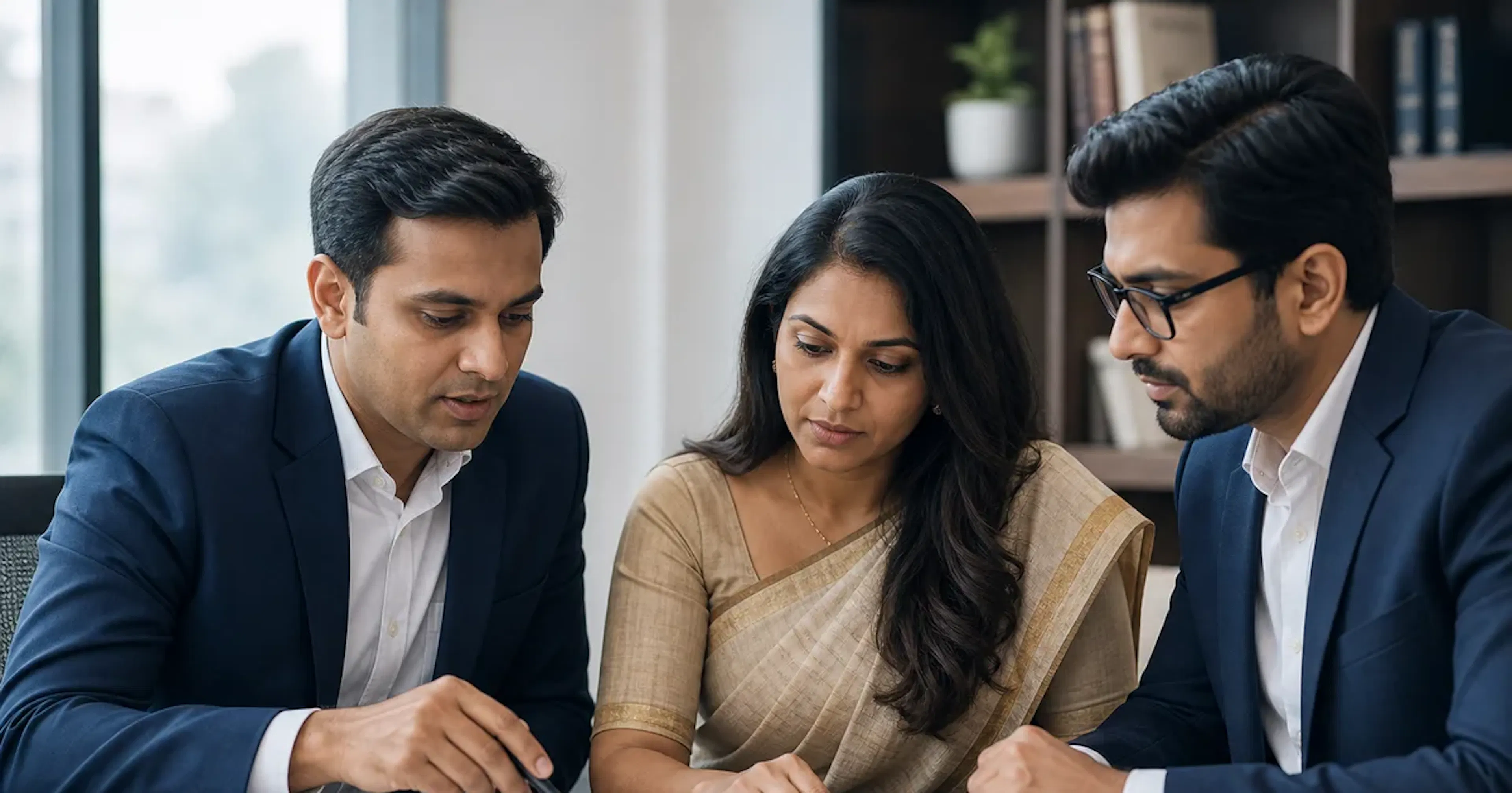 Partners and a compliance adviser reviewing an LLP agreement