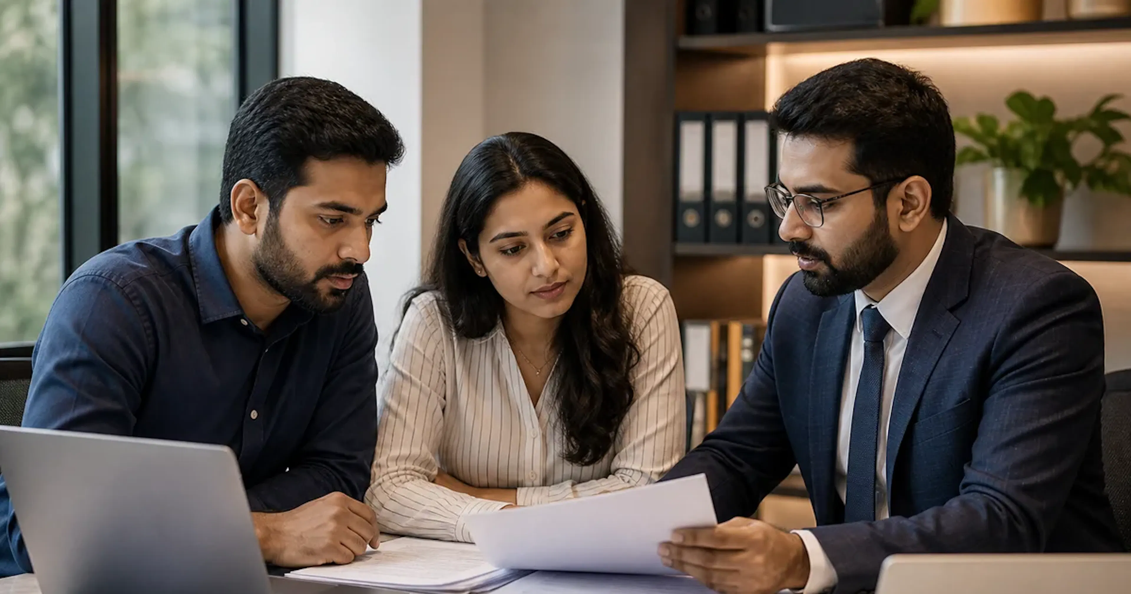 Business founders reviewing company incorporation documents with an adviser