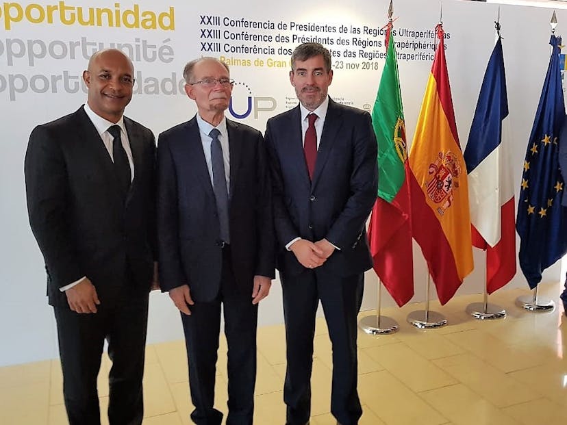 The island of Saint-Martin president of the Conference of Presidents of the ORs Handover-of-the-Presidency-between-President-Gibbs-and-President-Clivajo-here-with-president-Marie-Jeanne .JPG