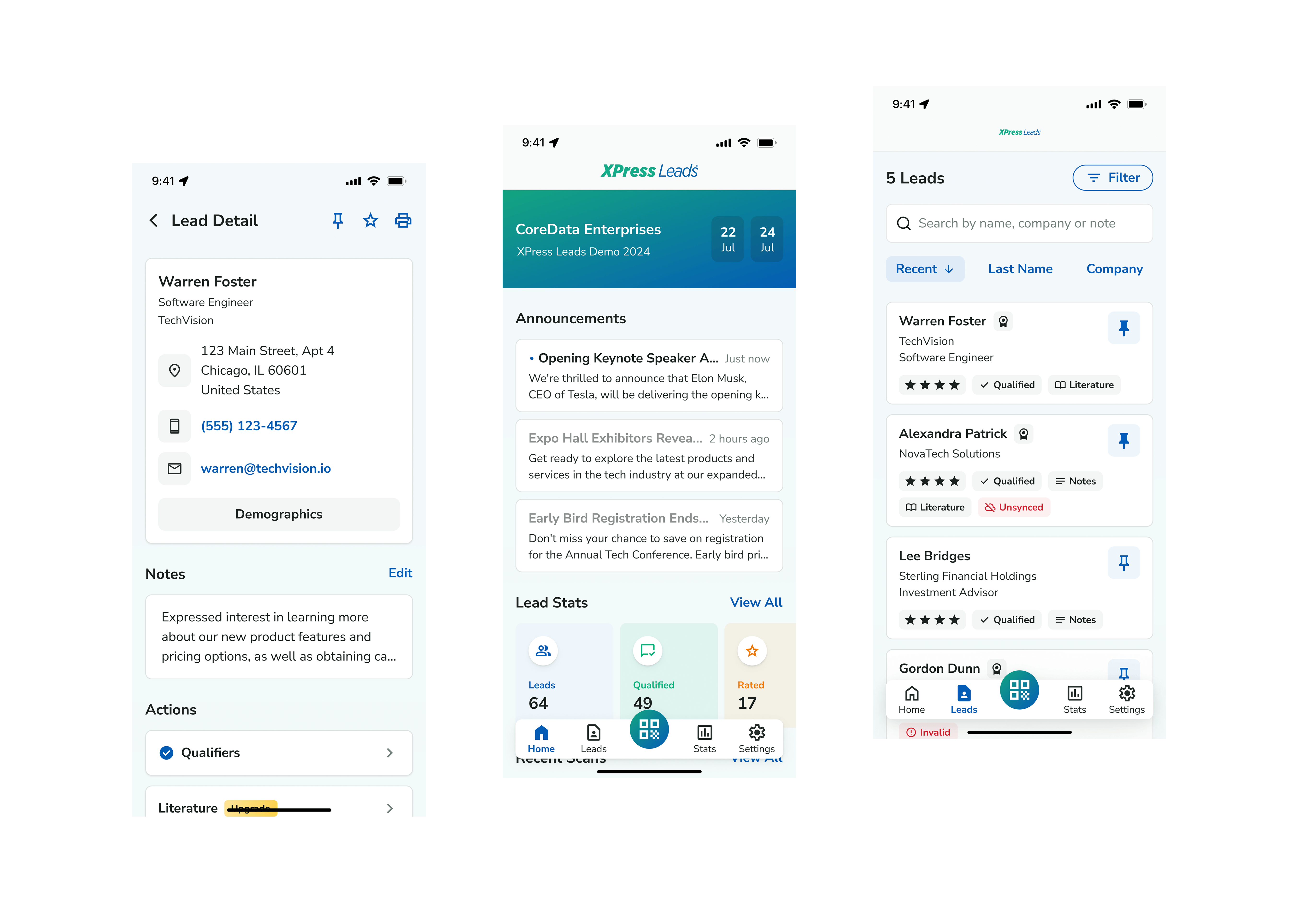 Three screens with XPress Leads redesign